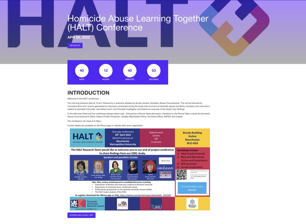 Laney Craig (@laneycraig) on Twitter photo Register whova.com/web/haltc_2022… 4our HALT conf 28th April! Where we bring all the findings from our <a href="/ESRC/">Economic and Social Research Council</a> project to influence policy & practice & prevent #domestichomicide. Speakers inc <a href="/FMullaneAAFDA/">Frank Mullane</a>, #DA commissioner @nicolejacobsST, Detective Supt Michaela Kerr & <a href="/davinajh/">Davina James-Hanman</a> Register whova.com/web/haltc_2022… 4our HALT conf 28th April! Where we bring all the findings from our <a href="/ESRC/">Economic and Social Research Council</a> project to influence policy & practice & prevent #domestichomicide. Speakers inc <a href="/FMullaneAAFDA/">Frank Mullane</a>, #DA commissioner @nicolejacobsST, Detective Supt Michaela Kerr & <a href="/davinajh/">Davina James-Hanman</a>