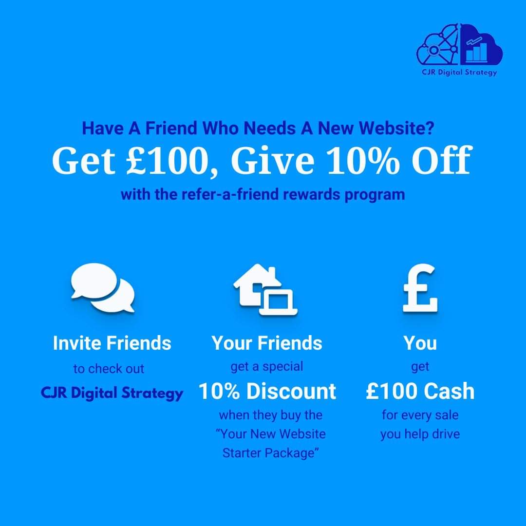 Chester tweeters. Invite Friends, Earn Money 🤑
I've just launched my refer-a-friend rewards program.
Your friends get 𝟭𝟬% 𝗢𝗳𝗳 their first purchase + you'll get £𝟭𝟬𝟬 𝗖𝗮𝘀𝗵 for every sale you help drive.
Find out more &amp; start earning now 👇 
cjrdigitalstrategy.com/referrals/
