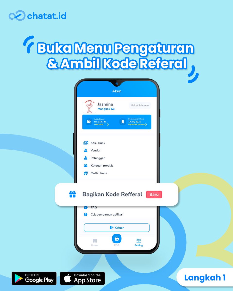 Chatat_id's tweet photo. Ada fitur “Member Get Member” lohhh di Chatat! 😚

Kamu bisa dapet hadiah uang tunai sebesar 10% dari tiap nominal pembayaran! Caranya ajak temen2 kamu untuk melakukan pembayaran &amp; berlangganan Chatat menggunakan kode referral khusus kamu! https://t.co/PoiPFPRI27