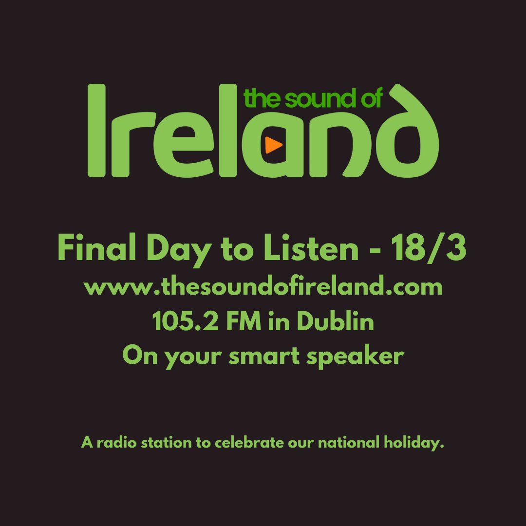 It's our last day today and we'd love you to spend the bank holiday with us! Find us on 105.2FM in #dublin &amp; listen online.   thesoundofireland.com/player #irishmusicparty #irishmusic #thesoundofireland #Ireland