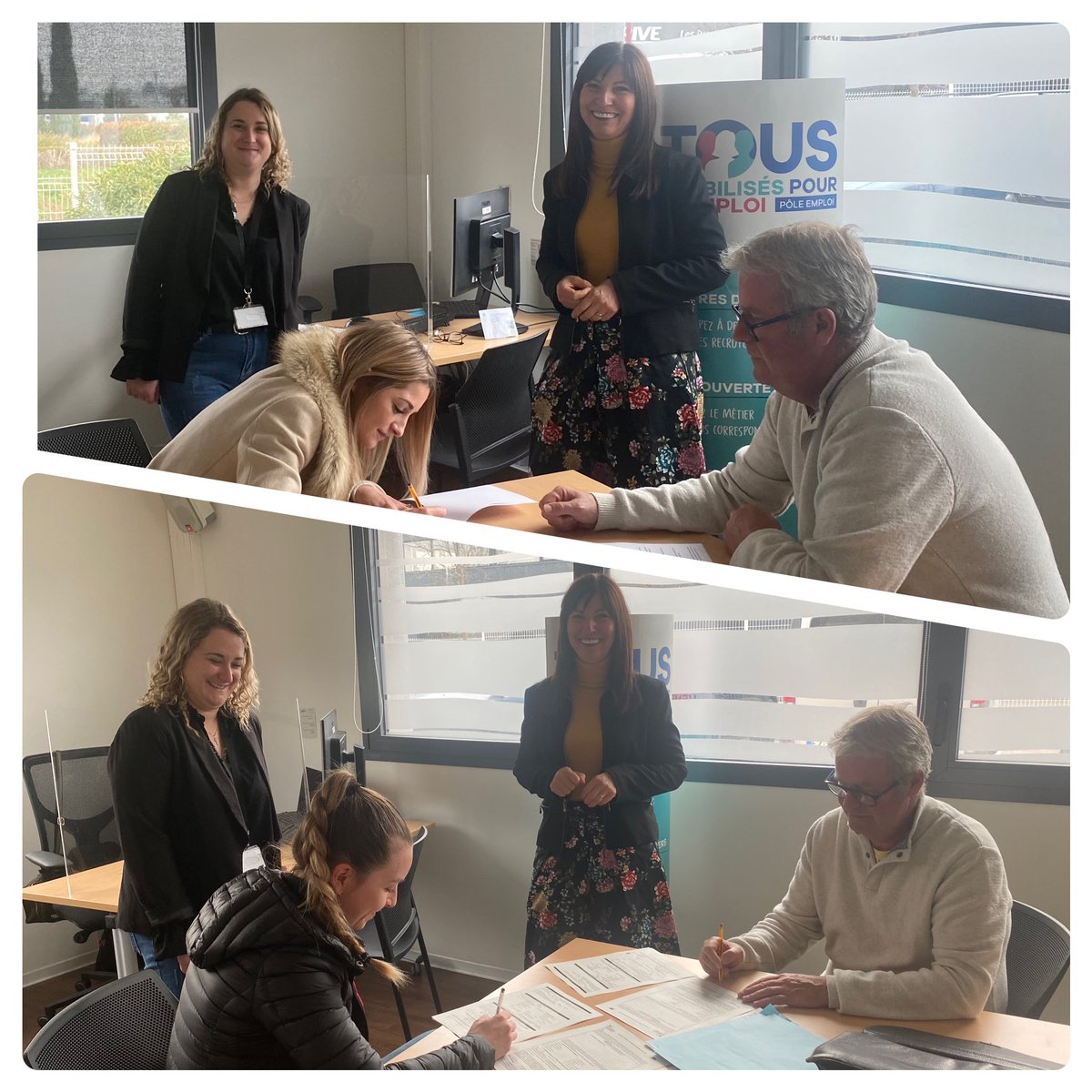 Matinée productive à @PoleEmploi84  <a href="/VilleDePertuis/">Ville de Pertuis</a> ✍️mr Normand directeur de l’enseigne #Vibs signe 2 cie jeunes cdi temps plein avec Charline &amp; Manon, 2 jeunes en #AIJ avec @oceaneclavaud ! Bonne continuation à eux 👍🏼#AvecPoleEmploi