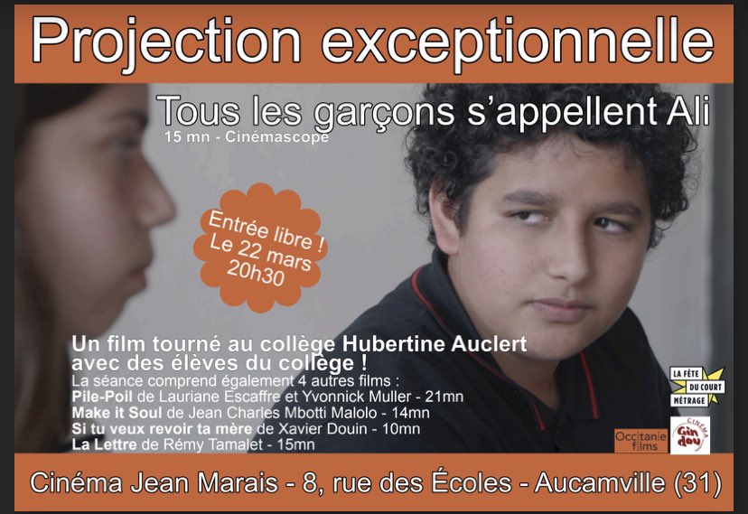 reparelelangage's tweet photo. ⭐️🎬🎞🎥⭐️"Tous les garçons s’appellent Ali" produit par @GindouCinema sur grand écran ! Court-métrage adapté du roman écrit avec @reparelelangage par les élèves du collège @HAuclerttlse. Projection mardi 22 Mars à 20h30 au cinéma Jean Marais à @VilleAucamville.
Nous y serons ! https://t.co/TQVovtXDaI