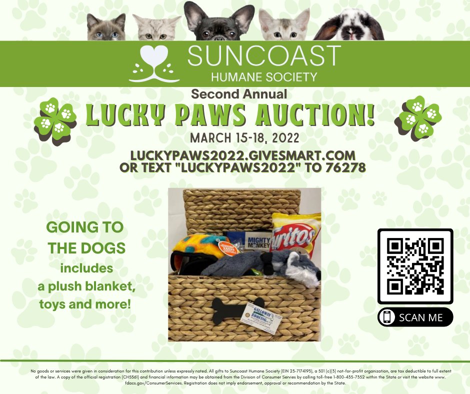SuncoastHumane's tweet photo. There's still a few hours left! Visit https://t.co/ofuIxjslOD or text "LuckyPaws2022" to 76278. #auction

Today's featured basket was donated by Galloway Roofing &amp; it contains a blanket, toys &amp; more... all in a cute toy bin. Thank you to Galloway Roofing for your donation! https://t.co/rvyHV5gyx4