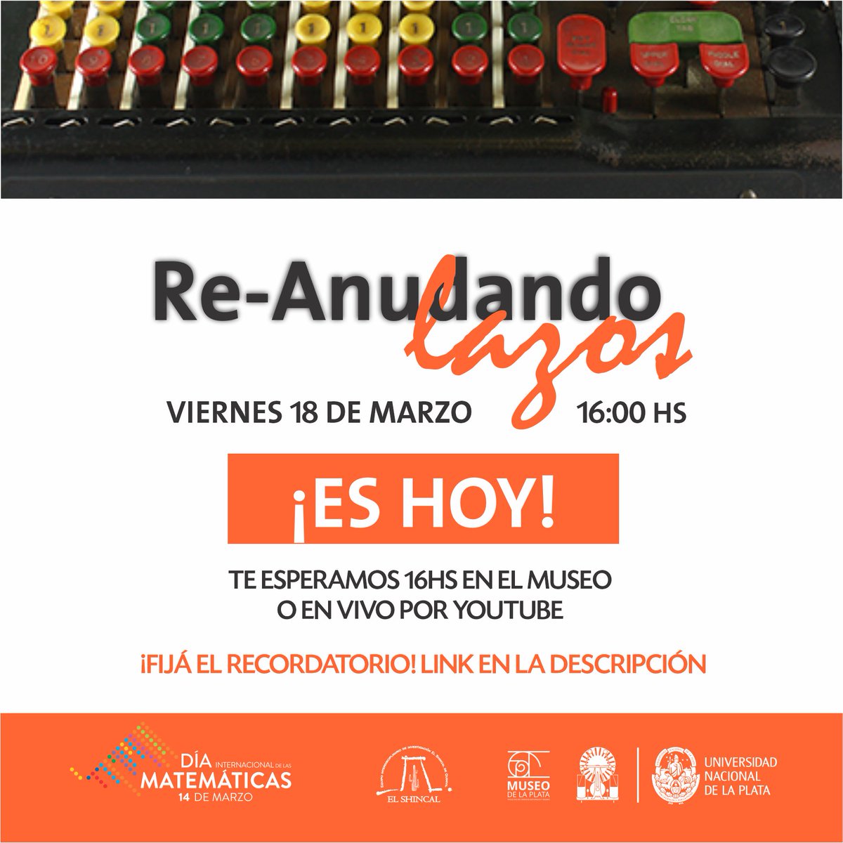 Hoy te esperamos 16:00hs en el museo o virtual a través de youtube live youtu.be/5lX93qutsYY (FIJÁ EL RECORDATORIO ASI TE AVISA CUANDO ESTAMOS EN VIVO!)
Un encuentro entre la física, la arqueología, el arte y la historia a través de quipus y calculadoras.
