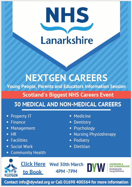 📢GREAT OPPORTUNITY <a href="/TurnbullHS/">Turnbull High School</a> PUPILS &amp; PARENTS/GUARDIANS
<a href="/DYWLED/">DYW Lanarkshire & East Dunbartonshire</a> are hosting their first Virtual NHS Careers Event on 30.03.2022 between 4-7 pm.
Career Spotlight Webinars, Virtual Booths, Live Q&amp;A sessions, downloadable resources and more! Register at: nextgen.vfairs.com