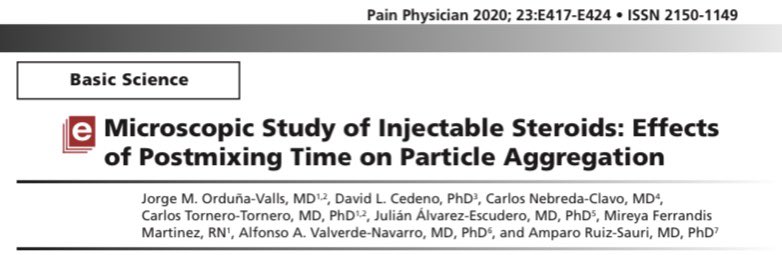 “Microscopic Study of Injectable Steroids: Effects of Postmixing Time on Particle Aggregation”

👉🏽 Tener preparada la Betametasona/Triamcinolona 
🕒 >5 min 
favorece la formación de agregados >100um 
☄️ Riesgo de Embolización

👉🏽 Triamcinolona 
🕒 >5 min
agregados >500um