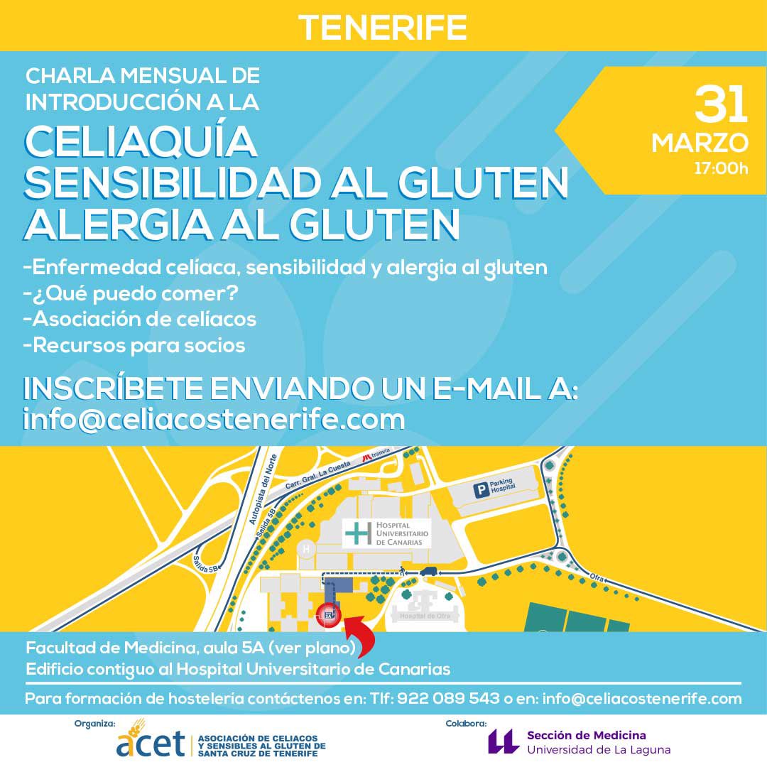 CHARLA GRATUITA DE INTRODUCCIÓN A LA CELIAQUIA Y DIETA SIN GLUTEN
31 marzo a las 17h.
Facultad de Medicina de la ULL. Trasera del HUC. Aula 5A
Inscríbete enviando un email a info@celiacotenerife.com
o a través de nuestro formulario:
celiacostenerife.com/charlas-celiaq…

¡Te esperamos!