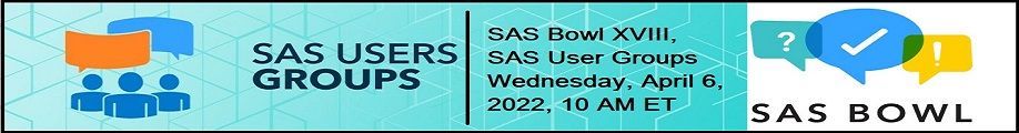 HomesAtMetacoda's tweet photo. Are you a @SASsoftware user looking to join or learn about SAS User Groups?
Join the #SASCommunity #trivia event, #SASBowl XVIII, dedicated on #SAS User Groups TODAY, at 10 AM ET to learn about SUGs and have fun!
#SASusers #SASfun #usergroup
https://t.co/BlCxCHWzHs https://t.co/HHGlVMwMg9