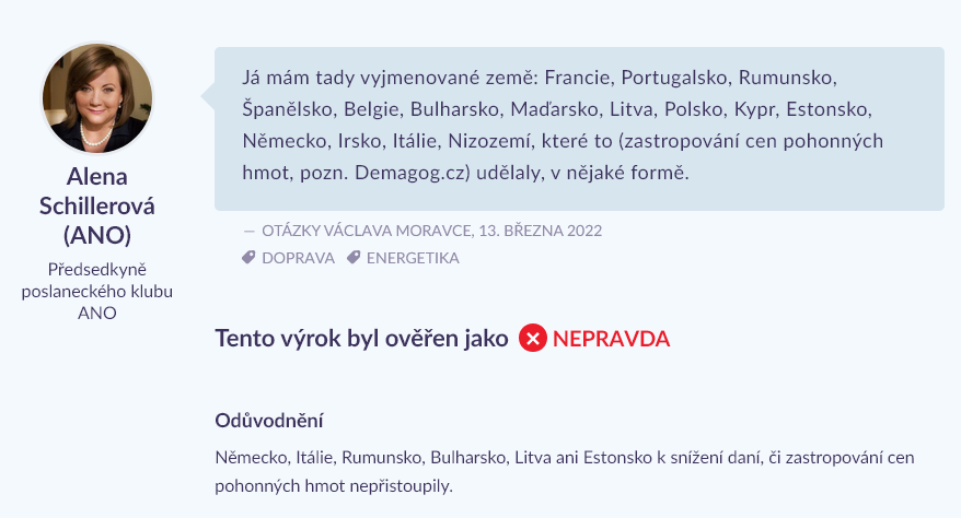 Posledniskaut's tweet photo. Tento výrok byl ověřen jako ❌  nepravda. 
Německo, Itálie, Rumunsko, Bulharsko, Litva ani Estonsko k snížení daní, či zastropování cen pohonných hmot nepřistoupily. 
https://t.co/WY4i4SUDAj https://t.co/WR12kodUnw