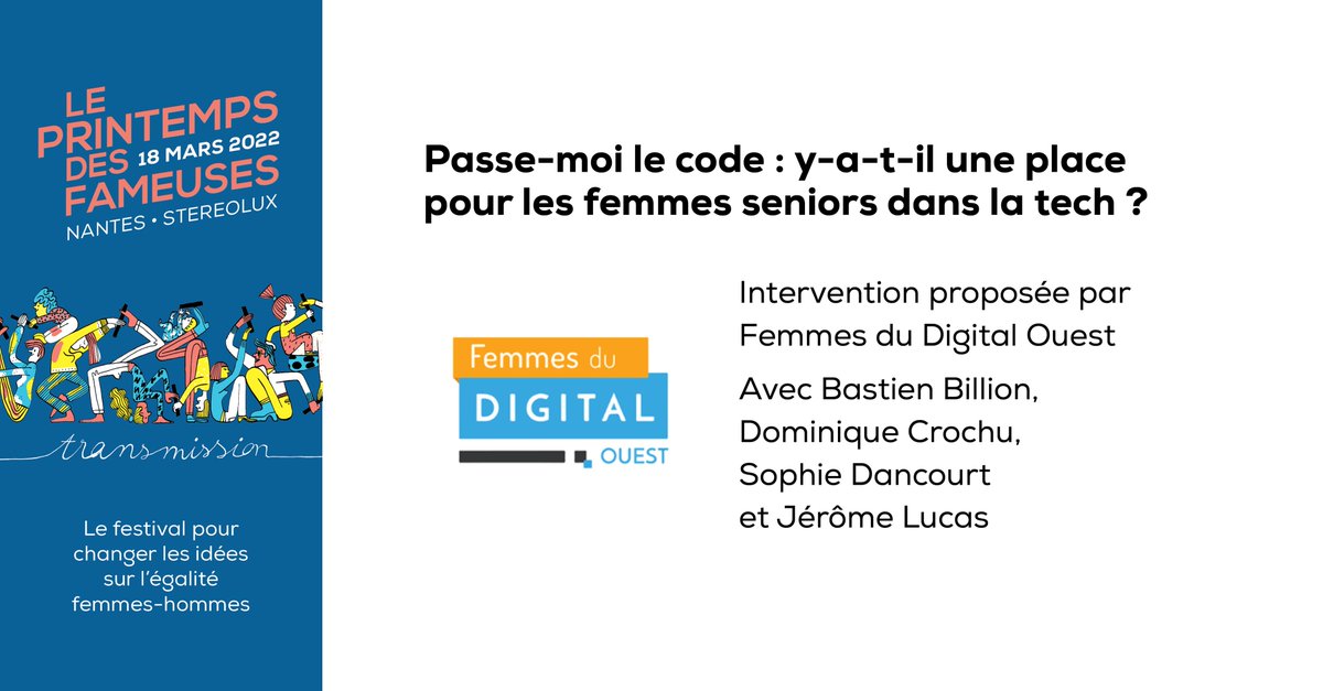 LesFameuses's tweet photo. #PrintempsDesFameuses | Table ronde 🎙️

👩‍💻 Passe-moi le code : y-a-t-il une place pour les femmes seniors dans la tech ?

avec @DominiqueCrochu (@Mixity_co), @SofiCourt, 
@jerome_lucas, @bastienbillion 

Intervention proposée par @FDOuest https://t.co/EE7n8T5fyt