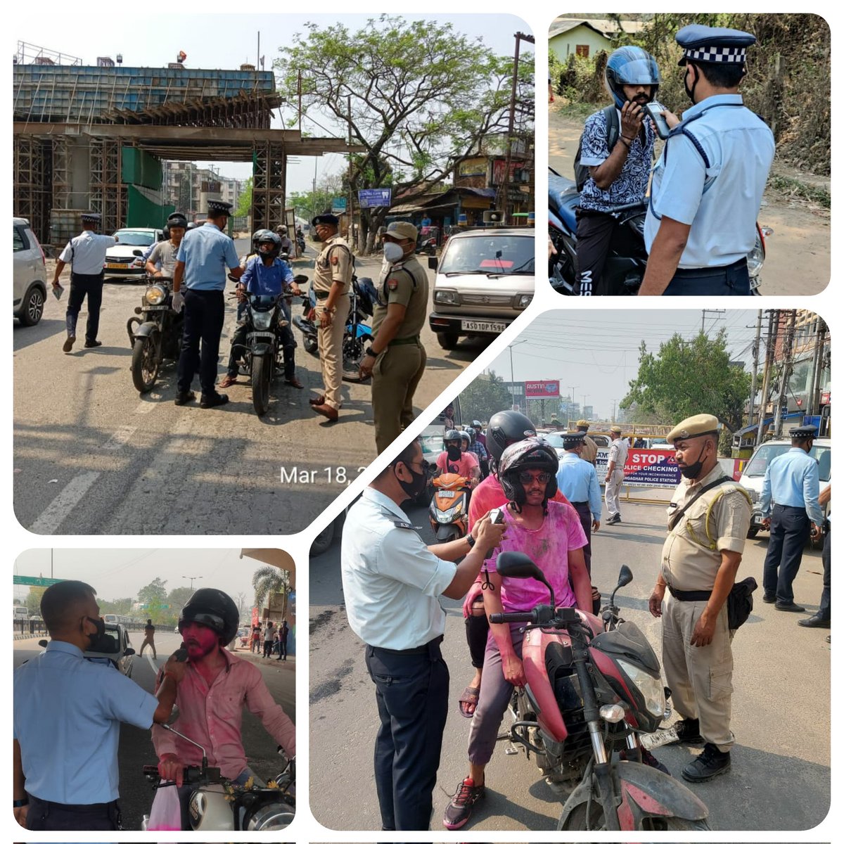 GuwahatiPol's tweet photo. We are keeping a vigil on the roads of Guwahati so that the festival of colour &amp; joy isn't marred by any untoward incident. Firm action initiated against mischief mongers.

Wishing everyone a Happy &amp; Safe #Holi

#SayNoToDrunkDriving https://t.co/w1OkOgqA3o