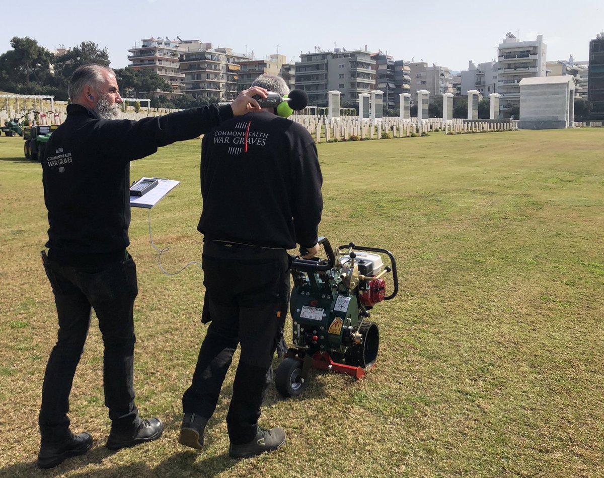 skilitsis's tweet photo. C&amp;SEA Health and safety coordinator and @phaleron1964 measuring hand arm vibrations and sound level @CWGC Phaleron war cemetery #ourworkcontinue https://t.co/NH49hHB8BR