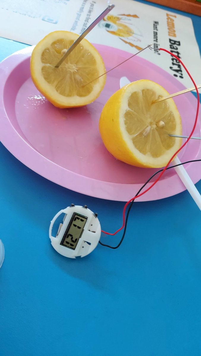 MsMiller_Educ8's tweet photo. Nearly 3 hours in and the lemon battery is still powering the digital clock! We've all made predictions on how long it will last and what we could use instead of a lemon. #LarbertSTEM #STEMLarbert @RAiSE_falkirk  I forgot to bring the instructions so we can't set the clock 🤪 https://t.co/ya6NGdi5FC