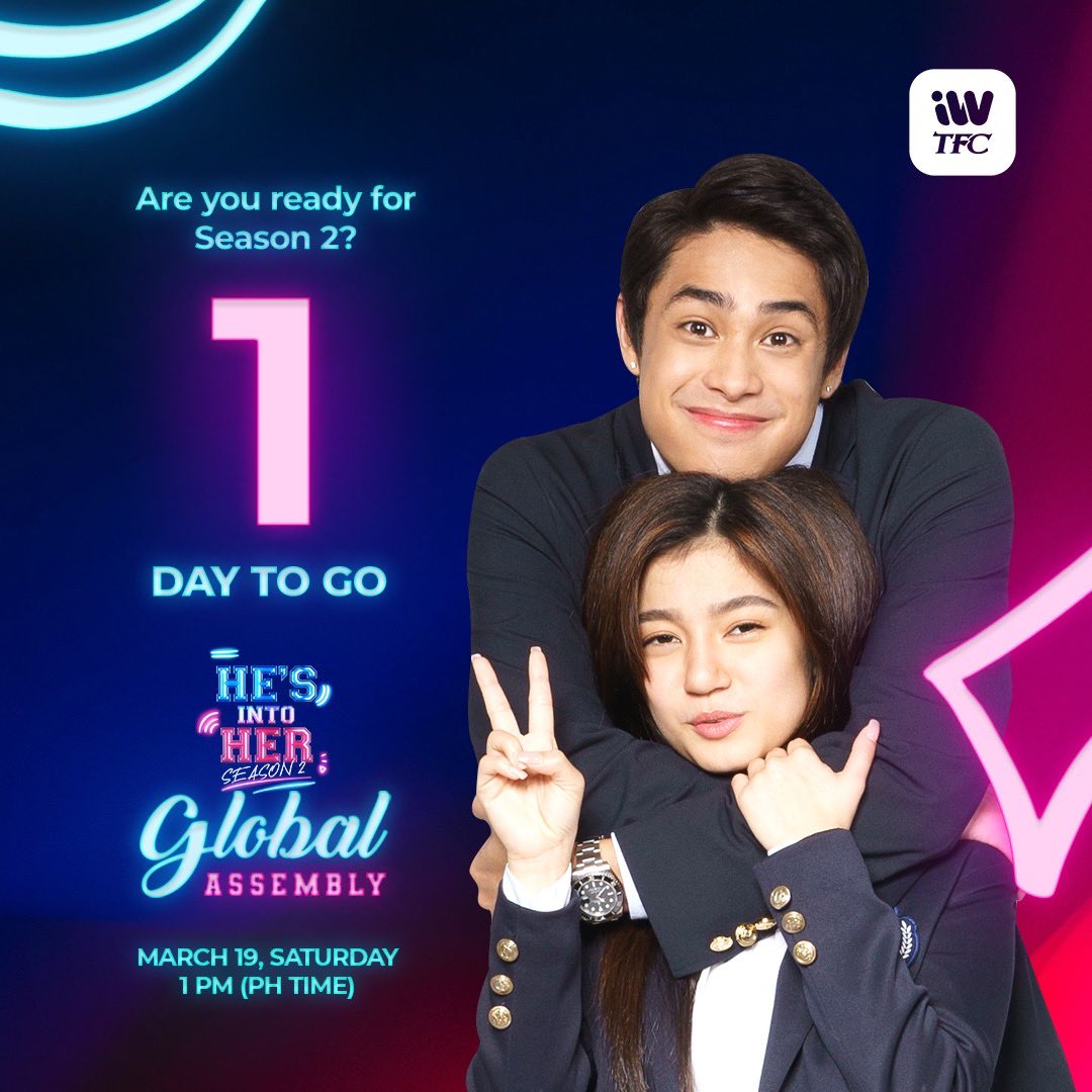 StarCinema's tweet photo. 1 day to go before the #HIH2GlobalAssembly! Excited ka na ba? ❤️💙 

Catch DonBelle and the #HesIntoHerSeason2 cast, director and writer talk about the upcoming season, release date, and more - LIVE this March 19, Saturday on the following platforms. See you there! https://t.co/m6VrXmjRFR