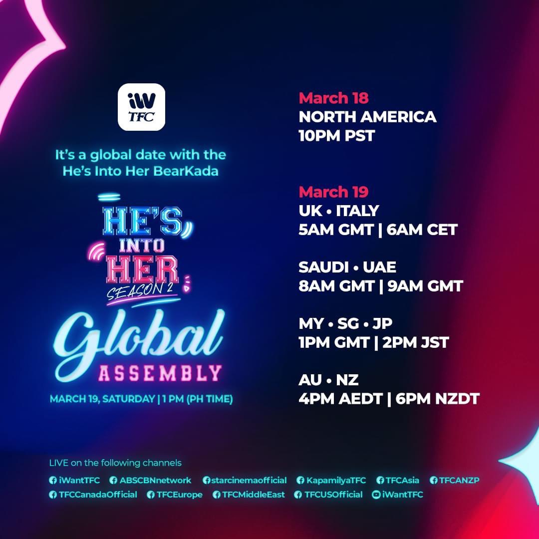 StarCinema's tweet photo. 1 day to go before the #HIH2GlobalAssembly! Excited ka na ba? ❤️💙 

Catch DonBelle and the #HesIntoHerSeason2 cast, director and writer talk about the upcoming season, release date, and more - LIVE this March 19, Saturday on the following platforms. See you there! https://t.co/m6VrXmjRFR