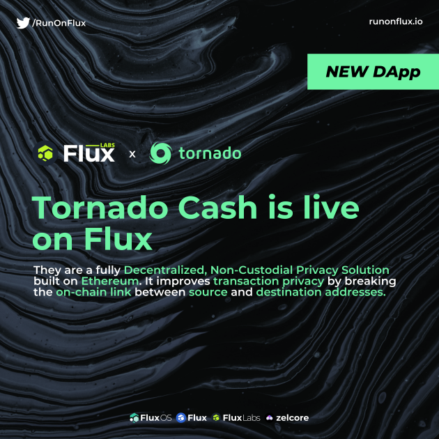 $FLUX new Tornado Cash DApp launch!!

tornadocash.app.runonflux.io

#web3 #cloudcomputer $ETH #Ethereum #privacy