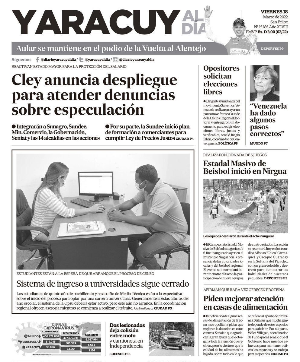 yaracuyaldia's tweet photo. ¡Excelente día para todos!
-
-
Les compartimos nuestra #PrimeraPágina correspondiente a  este  #18Mar
-
-
#Yaracuy #NoticiasYAD #SanFelipe #Chivacoa #Yaritagua  #Cocorote #Nirgua #Aroa #Maduro #Pandemia #Comercio #Ucrania #Rusia #Veroes #Secuestro #Apagón #PNB https://t.co/HBIUpTjlq1