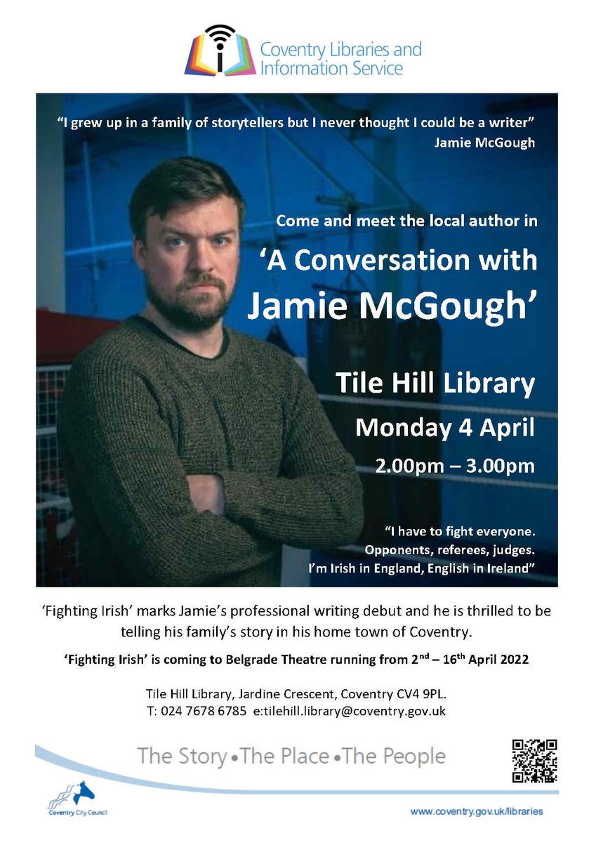 covlibraries's tweet photo. Come for 'A Conversation with Jamie McGough' at Tile Hill Library on Monday 4th April at 2pm. Jamie McGough is the local author of 'Fighting Irish', his debut play on at the Belgrade theatre 2nd-16th April. https://t.co/J5w9Vcofq6