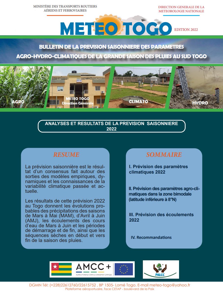 MTRAF_TG's tweet photo. #Togo 🇹🇬
Les analyses et résultats de la prévision saisonnière 2022 de la direction générale de la météorologie nationale en collaboration avec les directions de @AgricultureTg, @MERF_Togo. 🌍🌧️⛈️🌦️
#Denyigban
🌒🌞🌈
🪴☔️
NB: Il est recommandé d’être attentif aux mises à jour. https://t.co/GJzm5jenKh