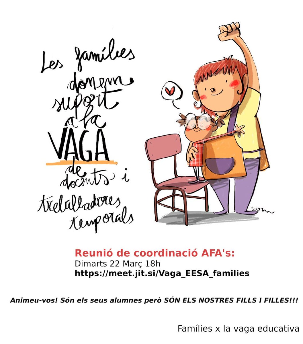 El proper dimarts 22, a les 18h, reunió de coordinació d'AFA per organitzar el suport de les famílies a la #VagaEducació. Hi ha també grup de telegram. Pregunta a la teva AFA!
#EscolaPública
#LEscolaNoSimprovisa