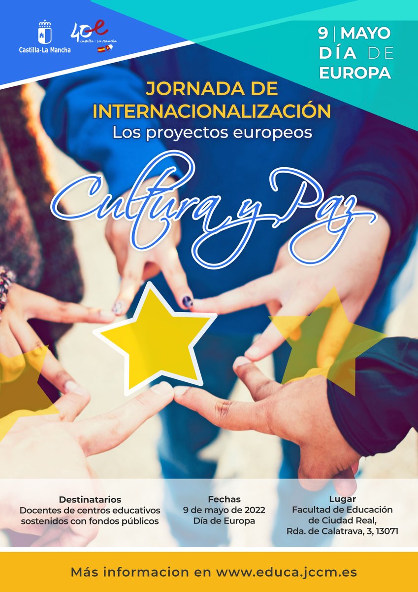 ClmEtwinning's tweet photo. 👩‍🏫Presenta tu proyecto Erasmus o eTwinning y/o monta tu propio panel exponiendo tu proyecto en la Jornada del Día de Europa 2022,  “Proyectos Europeos: Cultura y Paz”.
📅Envía tu propuesta a plurilingüsimo@jccm.es hasta el día 28 de marzo de 2022.
👉https://t.co/ZAGyybVsTu https://t.co/Ftb4pfbfJG