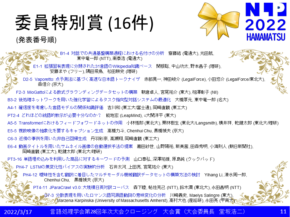 nlp2022's tweet photo. #NLP2022 では、委員特別賞として16件の論文を選出し、表彰しました。

齋藤さん、関根さん、赤部さん、朝倉さん、大橋さん、吉川さん 、能地さん、小林さん、高橋さん、丹羽さん、嘉田さん、山口さん、石井さん、Liさん、森下さん、川崎さん、おめでとうございます！ https://t.co/pG23Js7Xil
