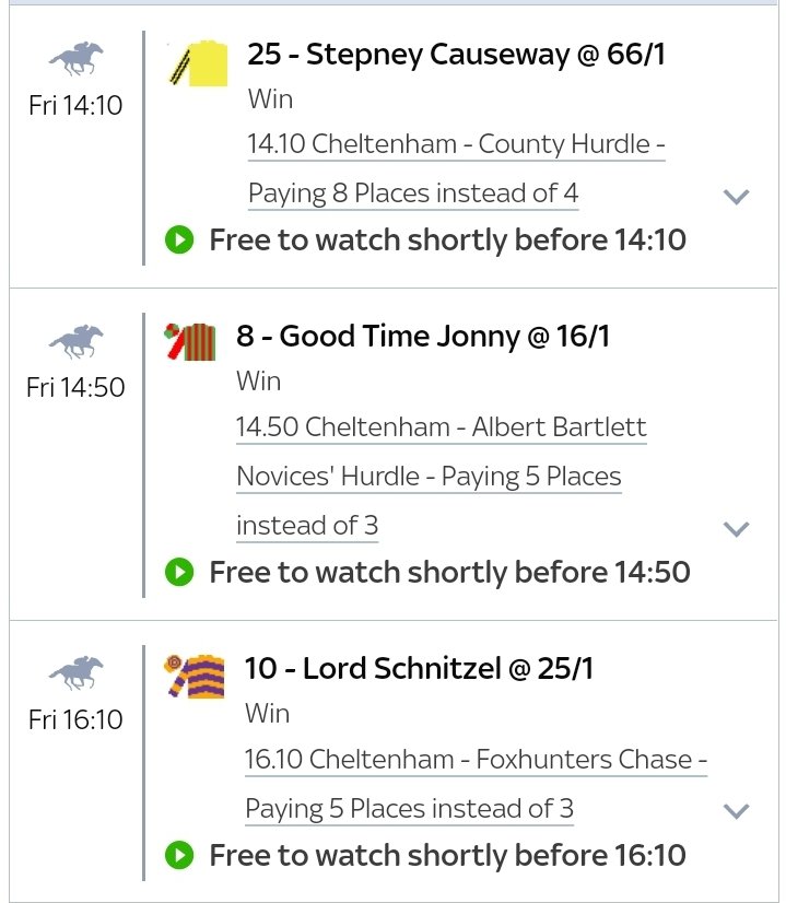 ExtraPlacePunts's tweet image. Three #Skybet Extra Place bets for me today at #Cheltenham. Loads at big prices been going in over the last few days. Just need to find the right ones!
