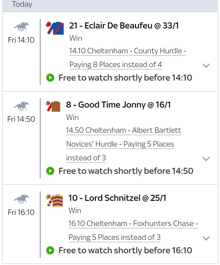 ExtraPlacePunts's tweet image. Three #Skybet Extra Place bets for me today at #Cheltenham. Loads at big prices been going in over the last few days. Just need to find the right ones!