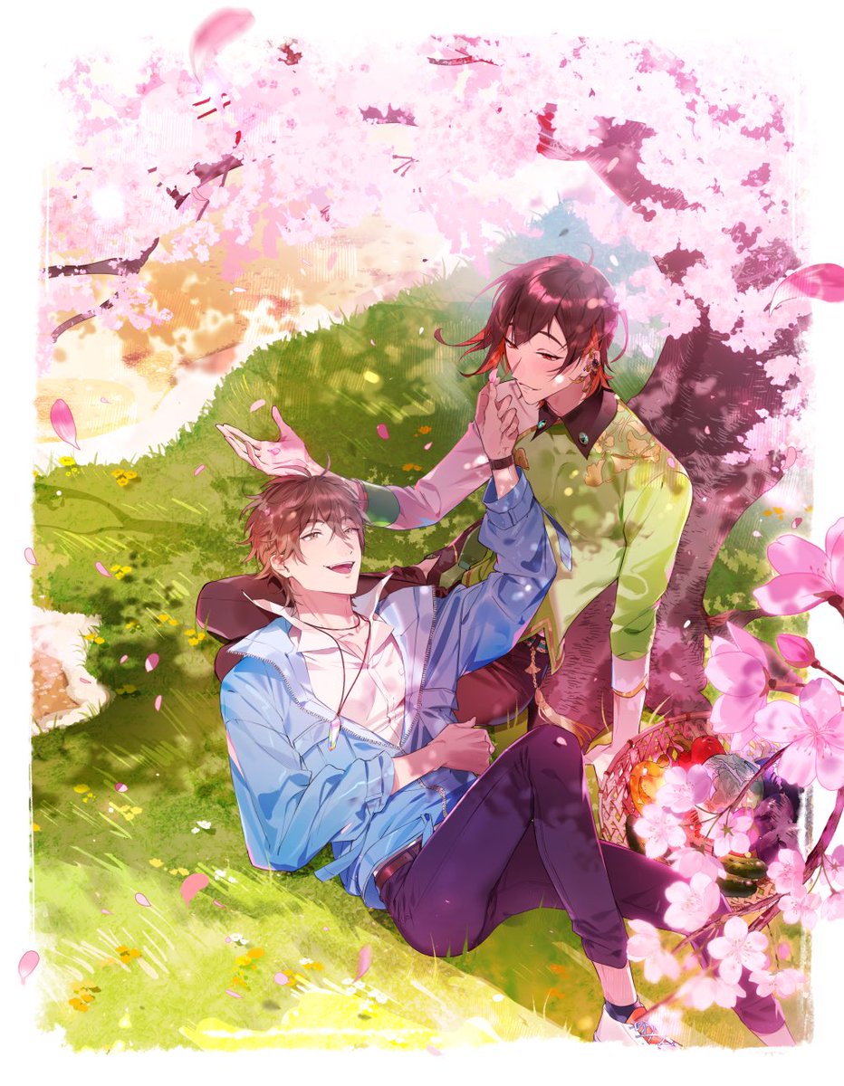 multiple boys 2boys closed eyes male focus cherry blossoms brown hair grass  illustration images