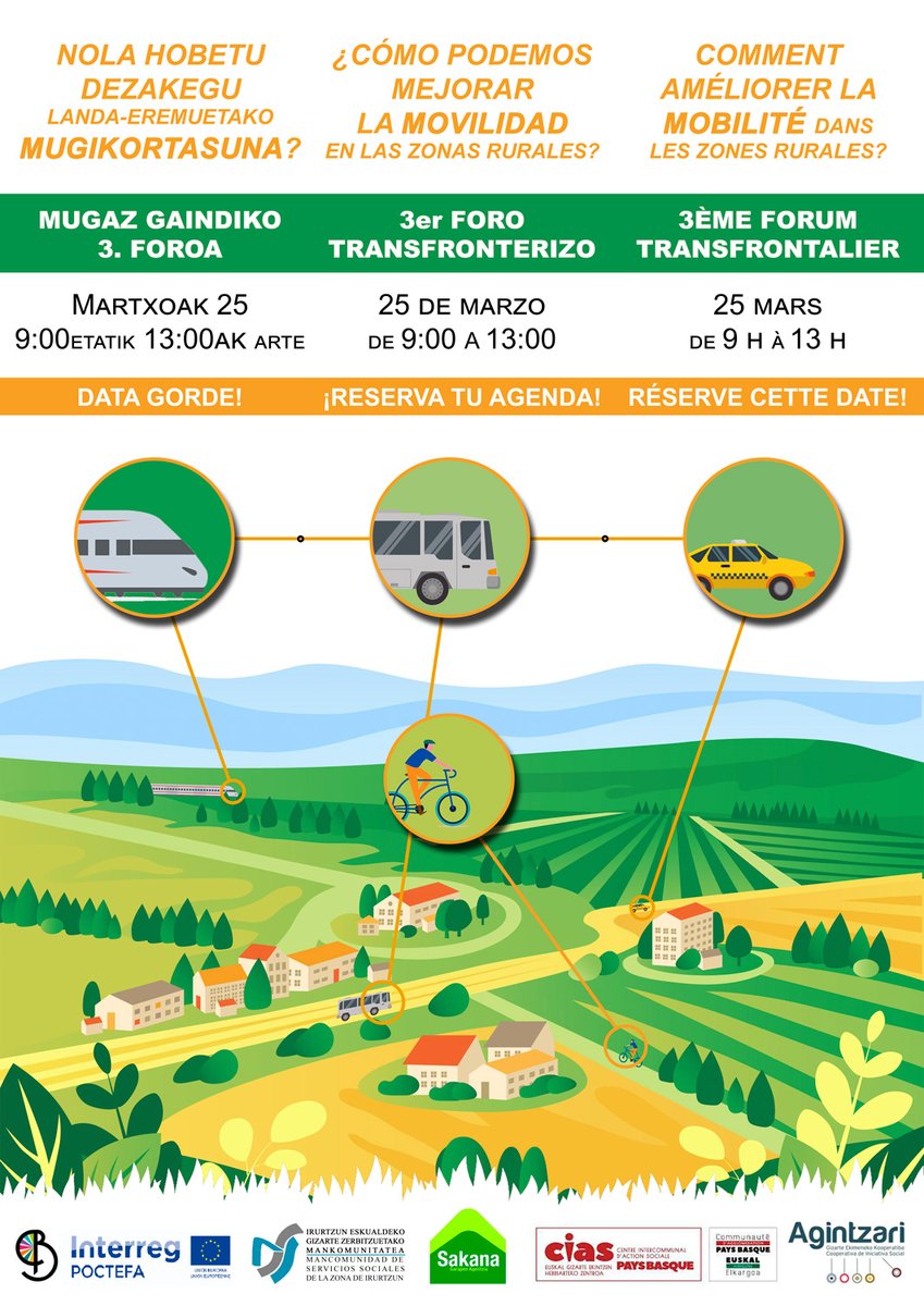 SAKANAgaratzen's tweet photo. ----- FOROA! FORO! FORUM! -----
🗣️ Nola hobetu dezakegu landa eremuetako mugikortasuna?
🗣️ ¿Cómo podemos mejorar la movilidad en las zonas rurales?
🗣️ Comment améliorer la mobilité dans les zones rurales?
🗓 25M✍️👉https://t.co/qL9dBjeDEu

@CTPPOCTEFA  #bertan @CommunautePB https://t.co/iwzkB3AigB