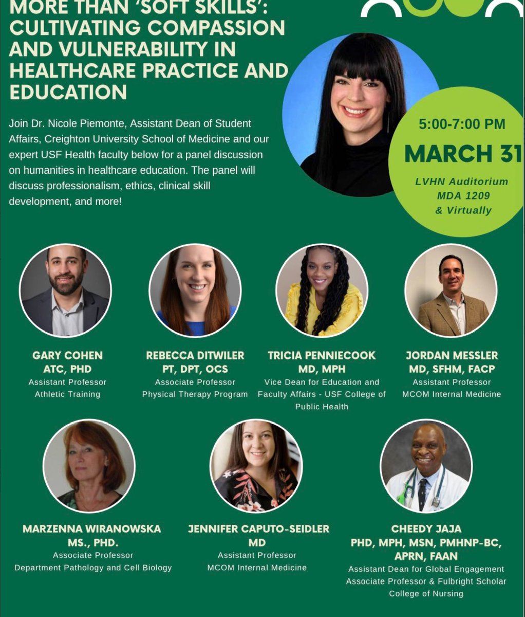 jennifermcaputo's tweet photo. TONIGHT!! Join me and @USFHealth for an interdisciplinary panel on Humanities in Healthcare from 5-7 pm ET. Attend on campus or virtually. Register here: https://t.co/Ep5pmX5Ld1

#medhum #narrativemedicine https://t.co/QIYqoJjYpY