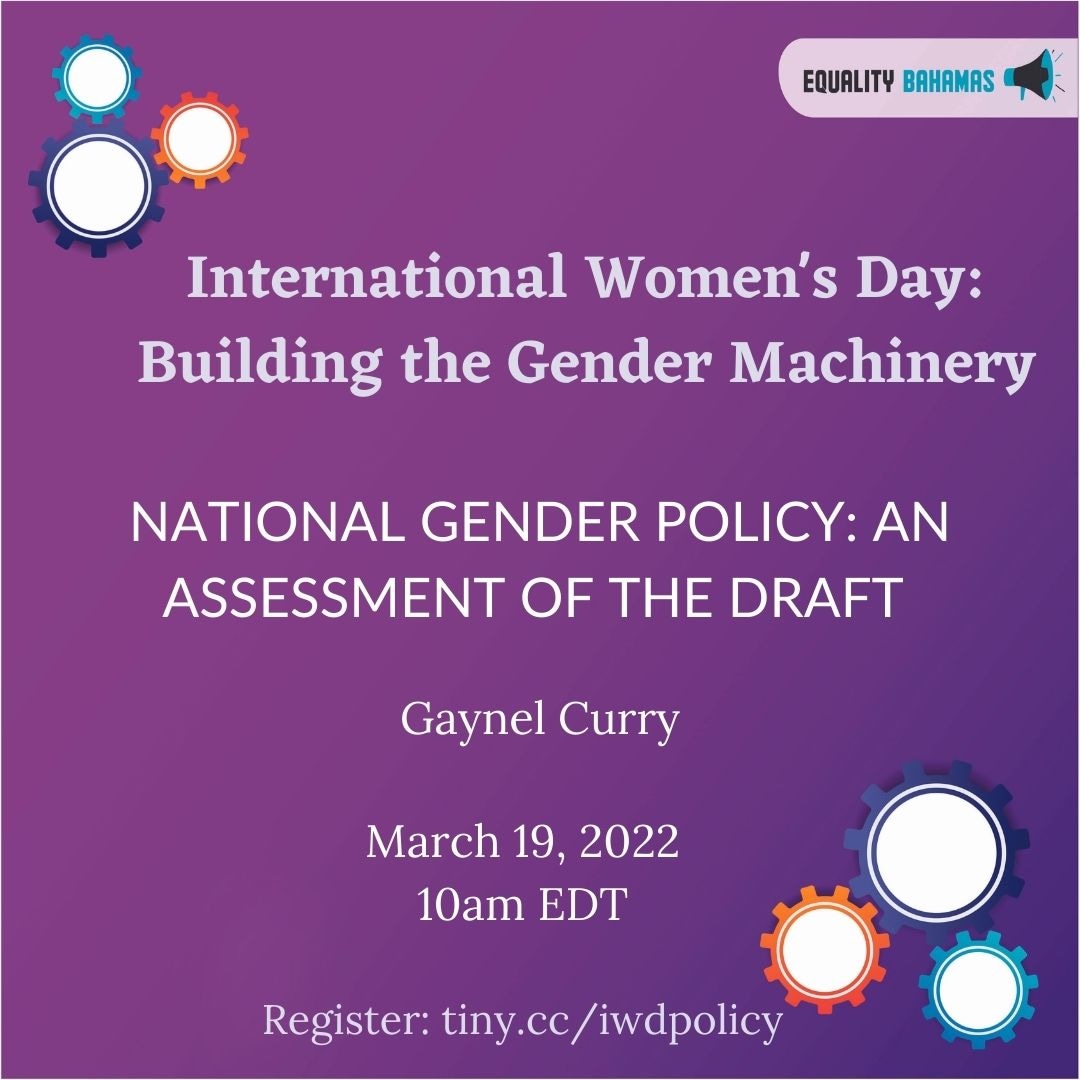 Equality242's tweet photo. What is a #GenderPolicy, why do we need one, and what does the current draft look like? Join us for this session with human rights expert Gaynel Curry to assess the draft gender policy, Saturday at 10am.
Register: https://t.co/Ta02brAbNS
#BuildingGenderMachinery https://t.co/uEibM9tYgj