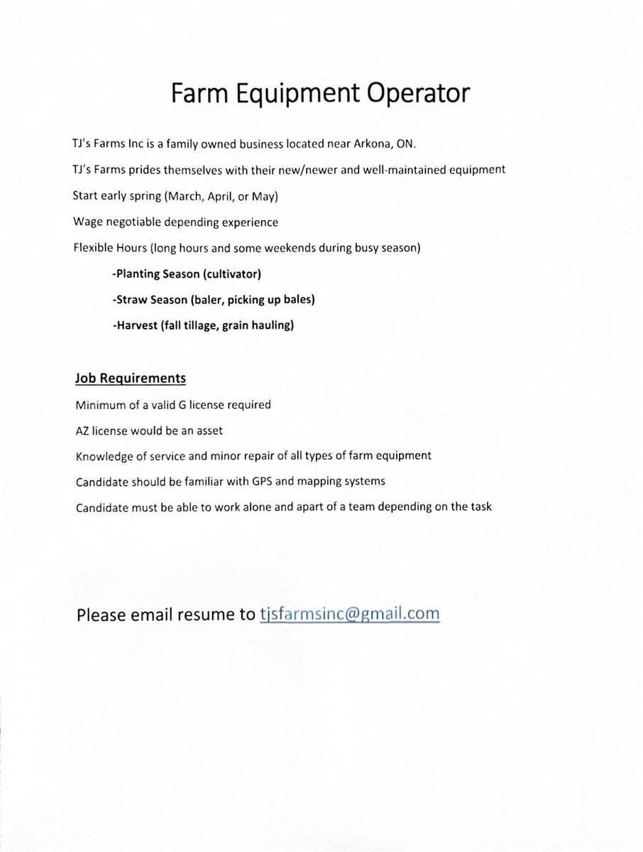 VanAertBryce's tweet photo. We are still looking to add to our team! Job would be mostly field work, operating equipment. See posting below. Located outside Arkona. RT’s appreciated! https://t.co/eoTb5VOMXC
