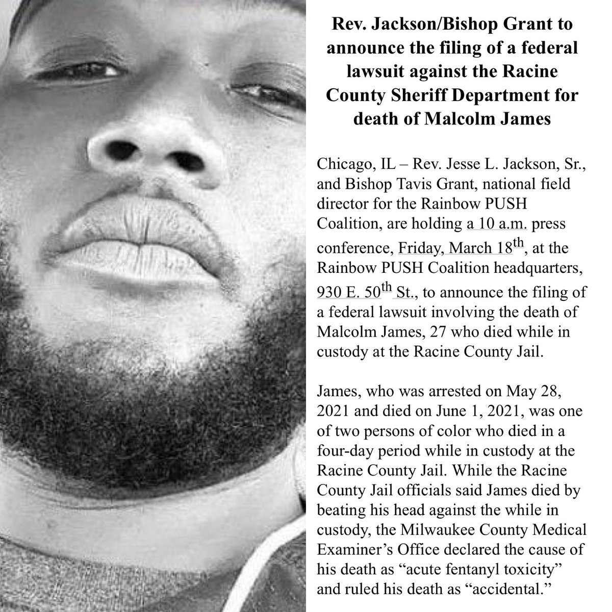 RevJJackson's tweet photo. MEDIA ALERT 
Announcing with @RPCoalition National Field Director  @bishopgrant2 the filing of a federal lawsuit against the Racine County Sheriff Department for death of #MalcolmJames  
 at press conference, at 10amC TODAY, March 18th, at the @RPCoalition HQS. 930 E. 50th St. https://t.co/d8Uu7D9Q3a