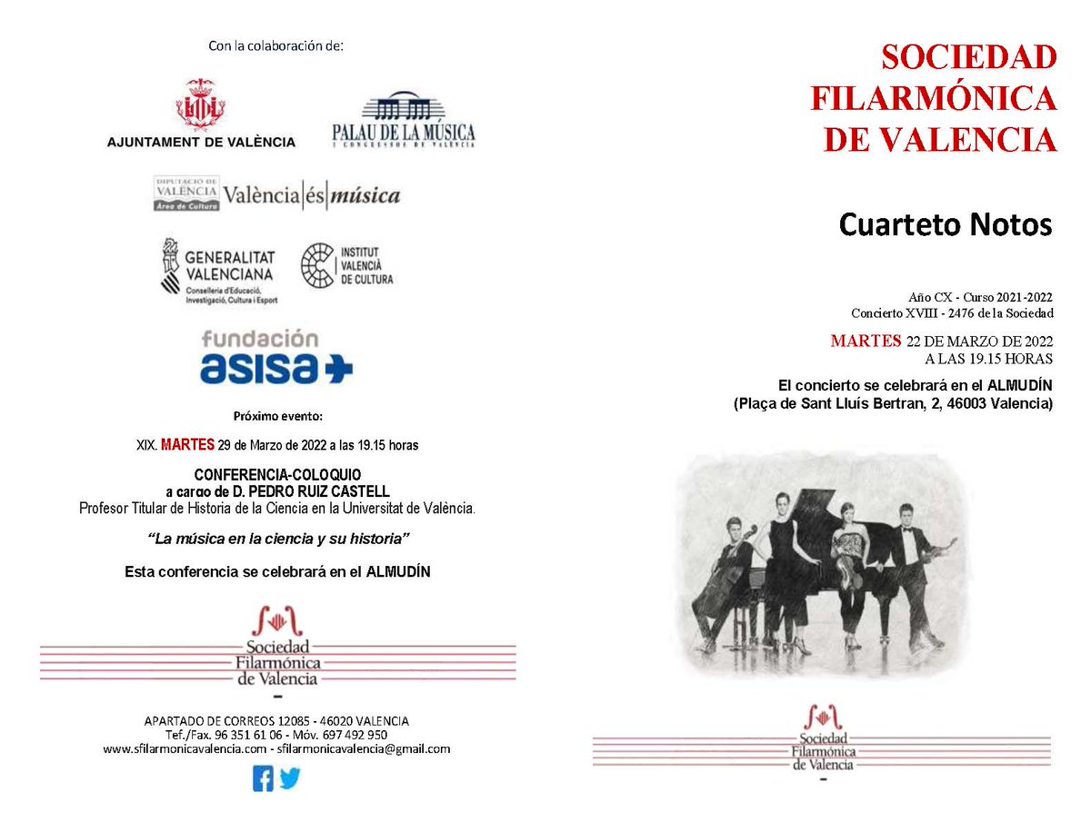 filarmonica_va's tweet photo. ¿Estás pensando que las fallas se acaban?
.
Los socios de la @filarmonica_va continuamos con la música:
.
22 DE MARZO, actuación del CUARTETO NOTOS,  que interpretará obras de #Mozart y #brahms 
.
https://t.co/1ypD4wRgBy
.
¿Quieres venir? Escribe a: 
.
https://t.co/Lr1DkZJWFG https://t.co/IoEDNW52cR