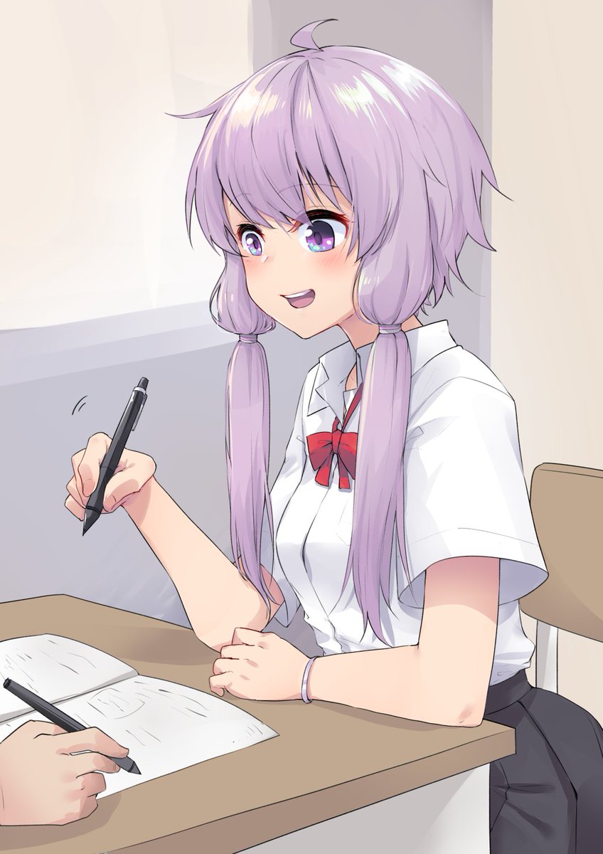 yuzuki yukari 1girl purple eyes purple hair sitting skirt desk holding  illustration images