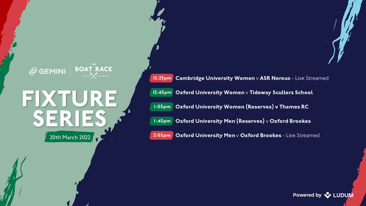 LudumHQ's tweet photo. We're Live Streaming Day 3 of @theboatrace's #FixtureSeries on Sunday!

Tune in &amp; see the following crews face off 🚣

@CUBCsquad v @asrnereus - Start time: 12:25 🔥
@OxfordUniBC BB vs @OBUBC - Start time: 14:05 🔥

LIVE link: https://t.co/bz6o5QtO8M

@BritishRowing @WorldRowing https://t.co/roSigPypgz