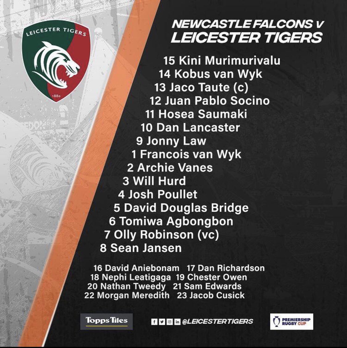 Good luck to former osh pupil  ‘Dougie’ Bridge making his debut this evening. #oshrugby #oshsport #performancepathway #prideinthebadge <a href="/LeicesterTigers/">Leicester Tigers</a> <a href="/OSH_SCH/">Old Swinford Hospital</a> <a href="/OSH6th/">OSH 6th Form</a> <a href="/OSH_OFA/">OSH Old Foleyans'</a>