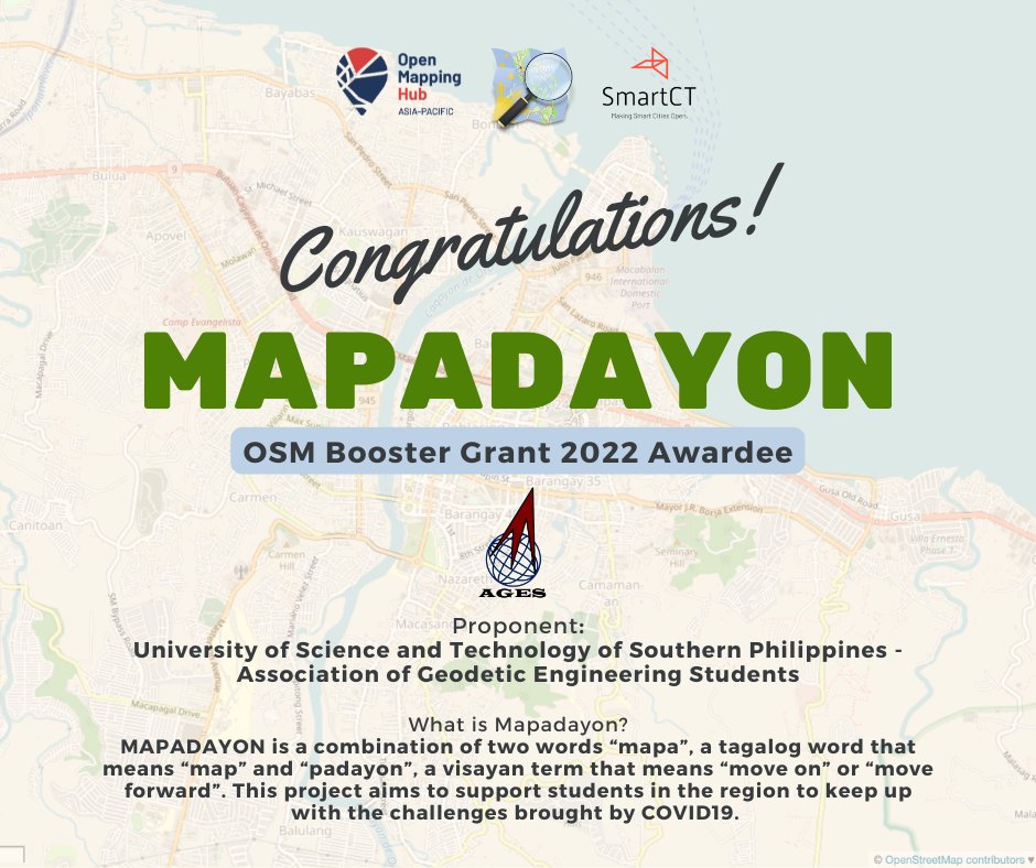 dfeyeandal's tweet photo. We would like to congratulate @geoladiesph and @youthmappers USTP - Association of Geodetic Engineering Students for being selected as the first projects to launch for #OpenStreetMap Philippines Booster Grants 2022! 🤩✨ https://t.co/DDC6DYZF4A