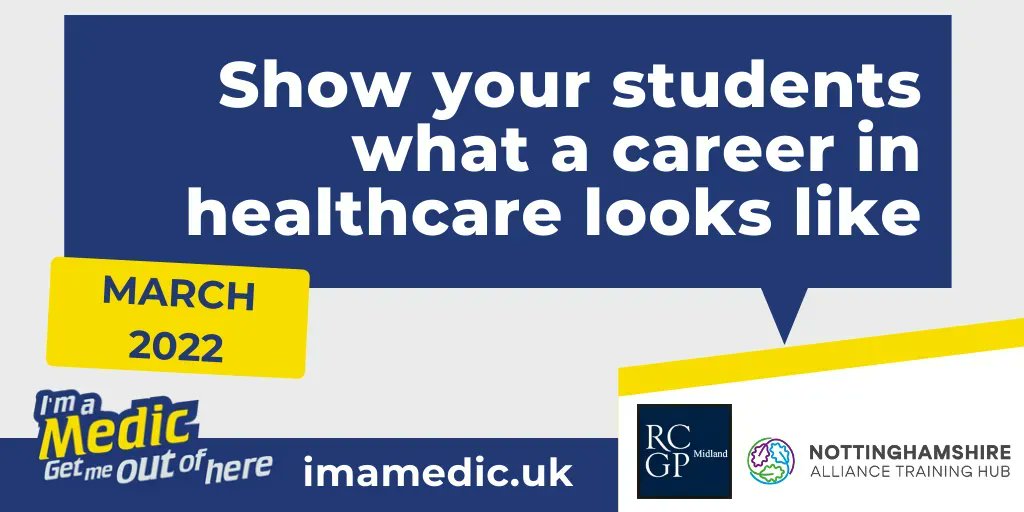 imamedic_uk's tweet photo. #ImAMedic is running until the end of March! β³
Book a live Chat now with healthcare workers from the #Midlands and show your students that a career in STEM could be something for them.
Find out more: https://t.co/v9otY2Akuo
@NottsAlliance @MidRCGP https://t.co/cr22YKBWJ9