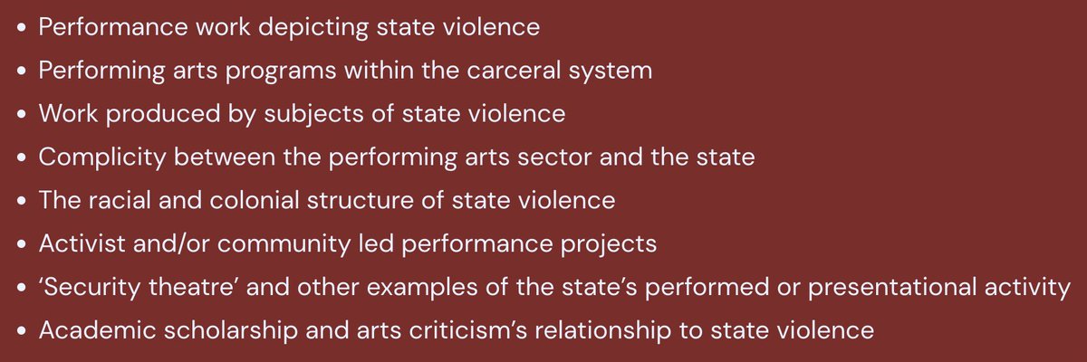 PerfAndState's tweet image. ✨Call for Participation - Performance and State Violence Conference✨

QMUL Mile End campus and online, 15-16 June 2022

Free registration, abstract deadline April 17

…ormanceandstateviolence.wordpress.com