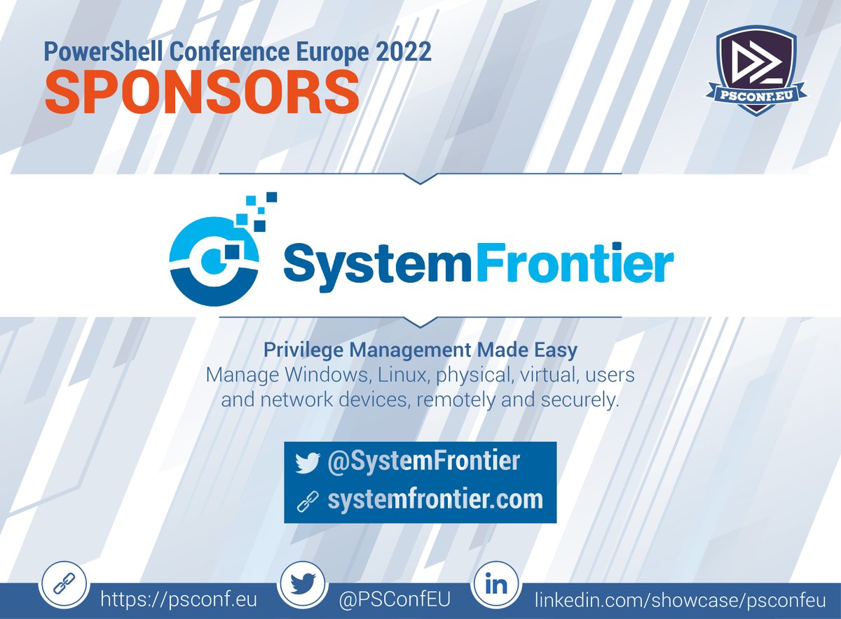 PSConfEU's tweet photo. We are thrilled to announce that @SystemFrontier is a sponsor at https://t.co/OBieNMYErE!

Thank you for supporting our #PowerShell event and the community. https://t.co/MbTSqIck8B