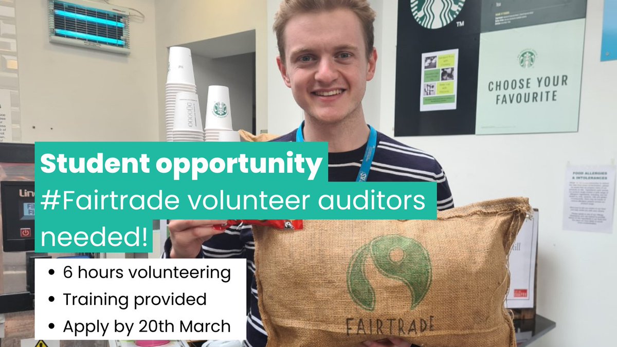CLOSE DATE THIS SUNDAY! #Fairtrade volunteer auditors needed! 🍌Help monitor our progress to Fairtrade status 📈Develop professional & analytical skills 📋Conduct audit of @uniofglos & @yoursu Training (28 or 29/03) Apply by this Sunday! Click here 👉 cloud.sos-uk.org/s/ZAYHsx2wXWiY…