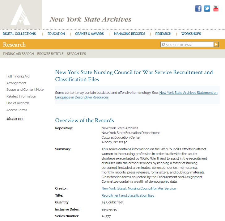 nysarchives's tweet photo. Series A4277 contains materials used to recruit women to the nursing profession during World War II. The series also includes information on two-thirds of all nurses residing in NY during WWII. #FindingaidFriday #WomensHistoryMonth https://t.co/neyiKby19F https://t.co/no7Ha2oBhr
