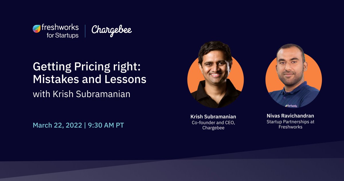 chargebee's tweet photo. Brace yourselves for an intriguing fireside chat (@Freshworksinc for Startups) on "Getting Pricing Right: Mistakes and Lessons" with @cbkrish, Co-founder and CEO, @chargebee hosted by @nivasravi 

Register here: https://t.co/u4yMSvbUAI

#ScaleWithChargebee #FreshworksForStartups https://t.co/AWJWfOCKs2