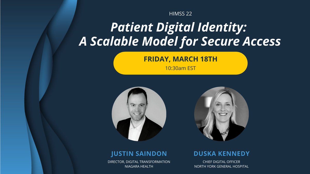 Identos_Inc's tweet photo. 📣 TODAY at #HIMSS22

🗣 Our customers @niagarahealth (@justin_saindon) and @NYGH_News will be presenting on Patient Digital Identity: A Scalable Model for Secure Access.

Fri, March 18th
10:30am EST

Info ⤵️
https://t.co/4kPFGS6ran https://t.co/jVuDtjieBc