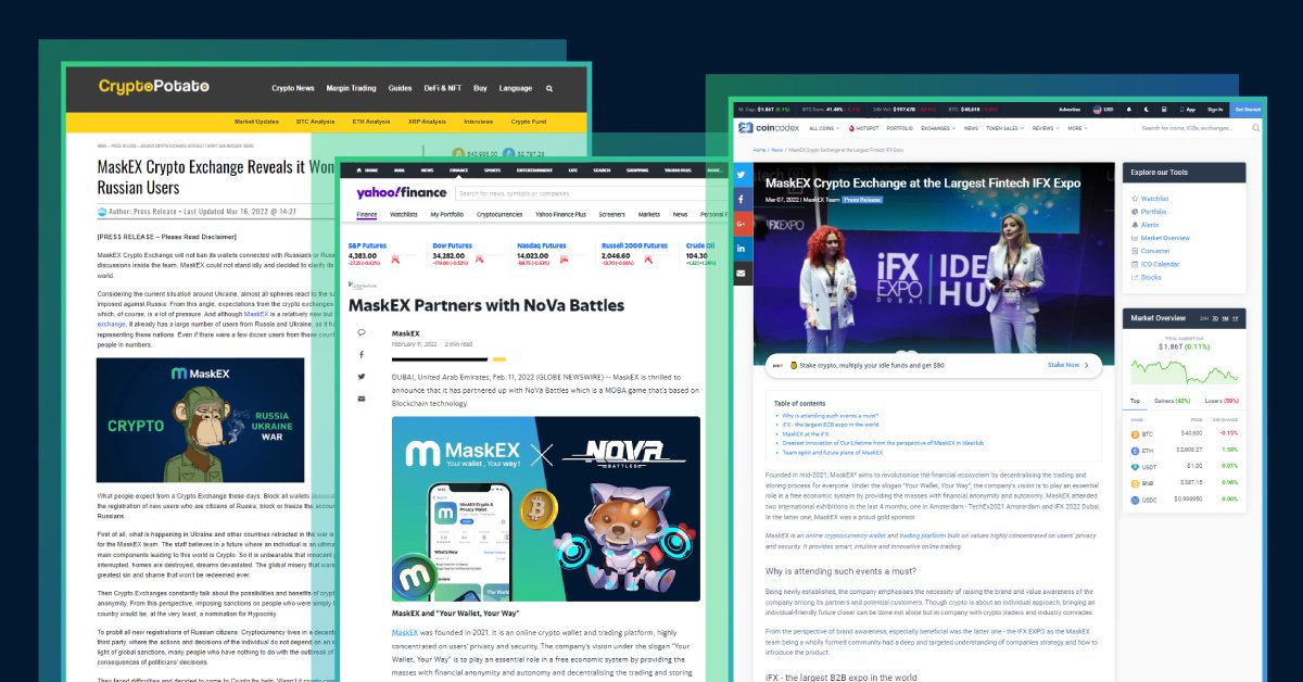 MaskEXGlobal's tweet photo. We had a great partnership with https://t.co/vSWXYJB3iF @Flexe_io  in getting featured on @YahooFinance, @CoinCodex, @Crypto_Potato. Thanks for your hard work and enthusiasm. It was our pleasure to work with such professionals.🤝
#MaskEX #flexeio #MaskEXWallet #cryptonewsdaily https://t.co/jD5XxXIIUv