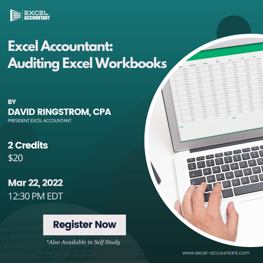 excel_account's tweet image. "Auditing Excel Workbooks"
This 2 credit trending excel webinar on @myCPE by @excelwriter
Click on link: bit.ly/3zaEyNr
#Excel #excelworkbook #excelspreadsheets #excelformula #exceltips #exceltricks