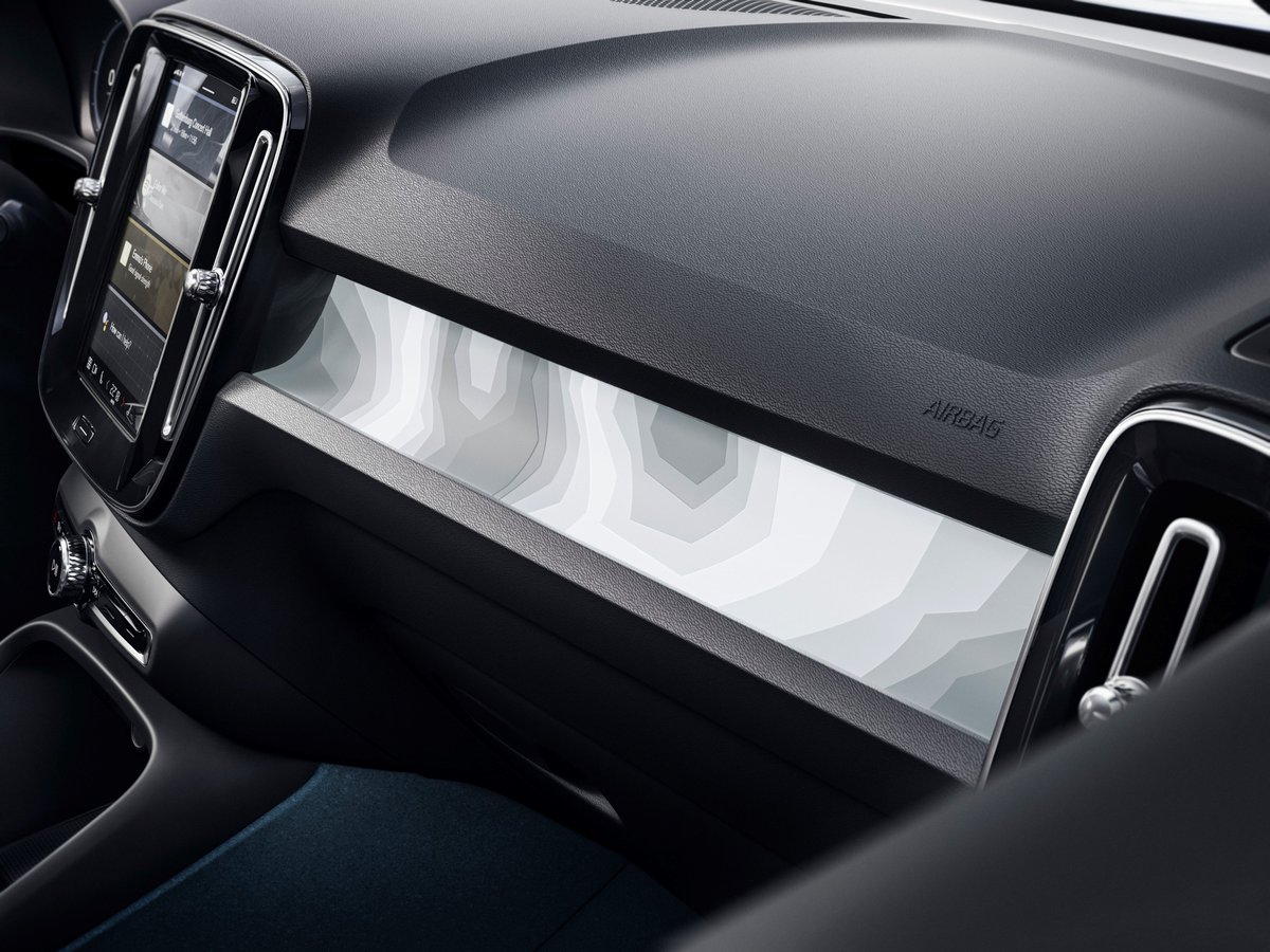 DonaldsVolvo's tweet photo. The graphics on the new #C40’s dashboard and front door panels are inspired by the #Abisko national park in Sweden. The contours of a topography map of the park were traced and used to create an abstract digitalised design with a layered pattern. #Volvo https://t.co/En8E4gxEoF