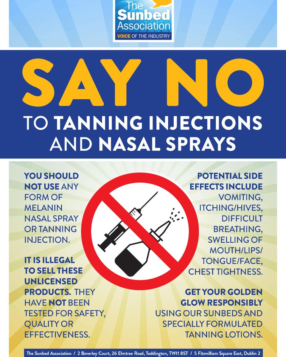 Are you highlighting the dangers of using nasal sprays and tanning injections? Download this free poster (A4, A3 & A2) from the Members Zone on our website or call TSA's office to order printed versions (members only). #ResponsibleTanning #OurMembersAreTheBest #Sunbeds